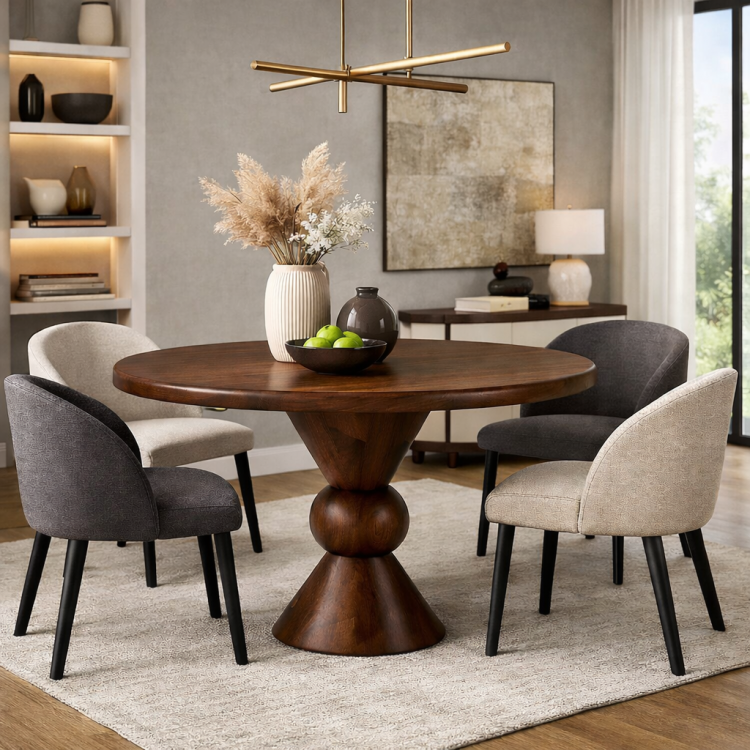 Masif Ahşap Torna Ayaklı Yuvarlak Yemek Masası El Yapımı Modern 100cm