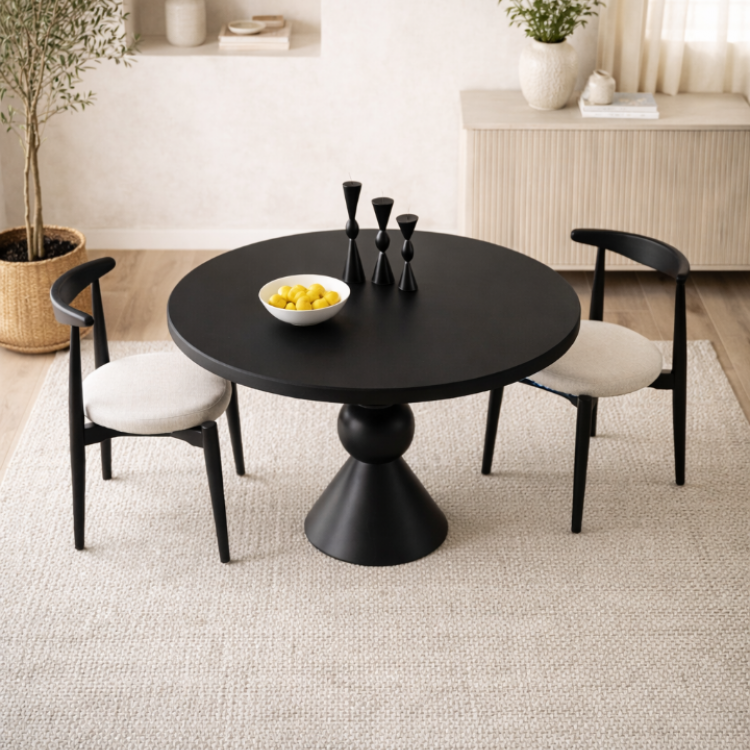 Masif Ahşap Torna Ayaklı Yuvarlak Yemek Masası El Yapımı Modern 100cm