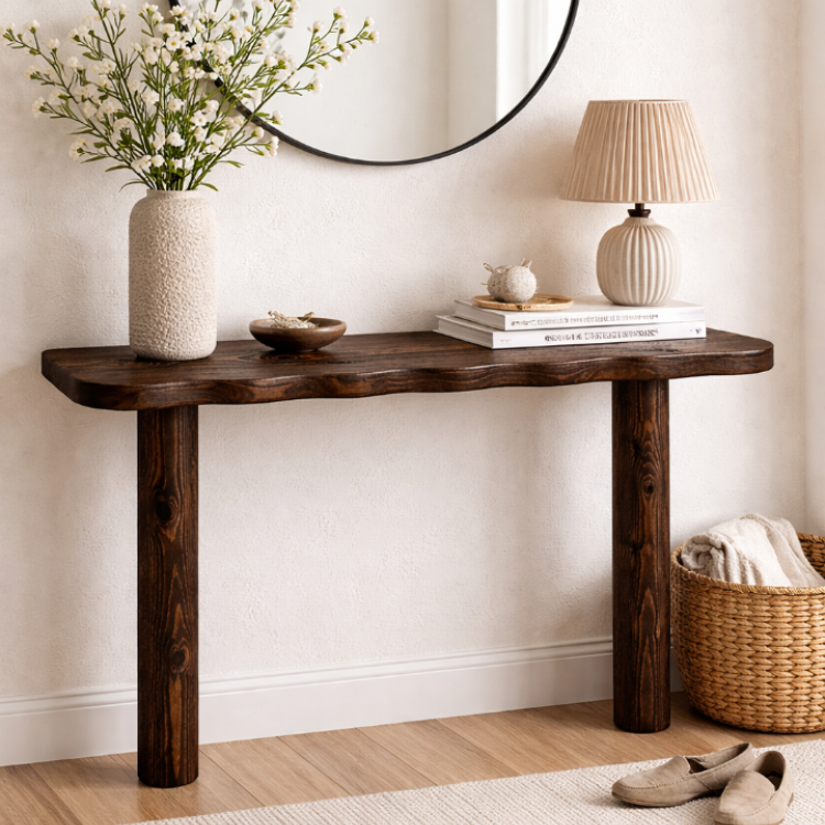 Doğal Masif Çam Dresuar 130 cm – El Yapımı, Hareli Budaklı Ahşap Konsol