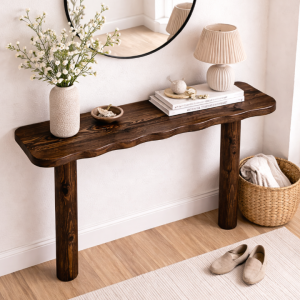 Doğal Masif Çam Dresuar 130 cm – El Yapımı, Hareli Budaklı Ahşap Konsol