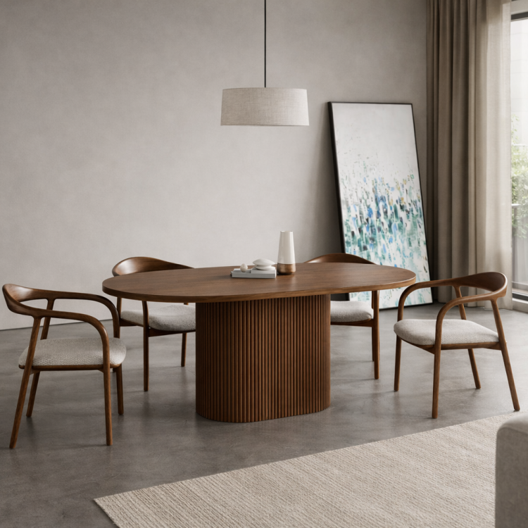 Masif Ahşap Oval Yemek Masası – Flüt Ayaklı Modern Tasarım | Modern & Şık Tasarım