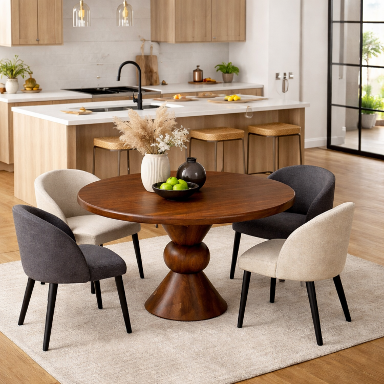 Masif Ahşap Torna Ayaklı Yuvarlak Yemek Masası El Yapımı Modern 100cm