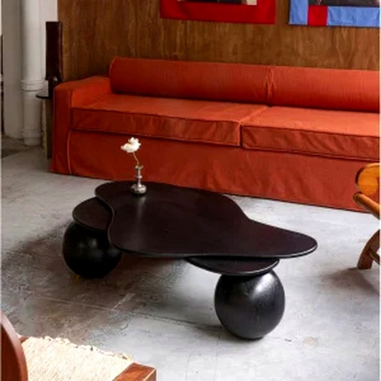 Masif Ahşap Siyah Orta Sehpa | Organik Formlu Top Ayaklı Modern Tasarım