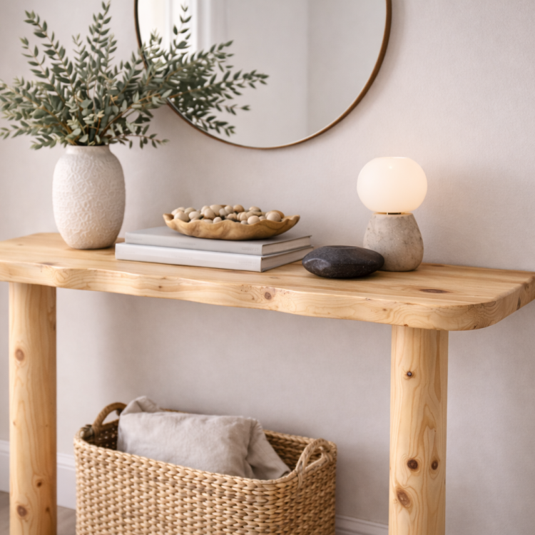 Doğal Masif Çam Dresuar 130 cm – El Yapımı, Hareli Budaklı Ahşap Konsol