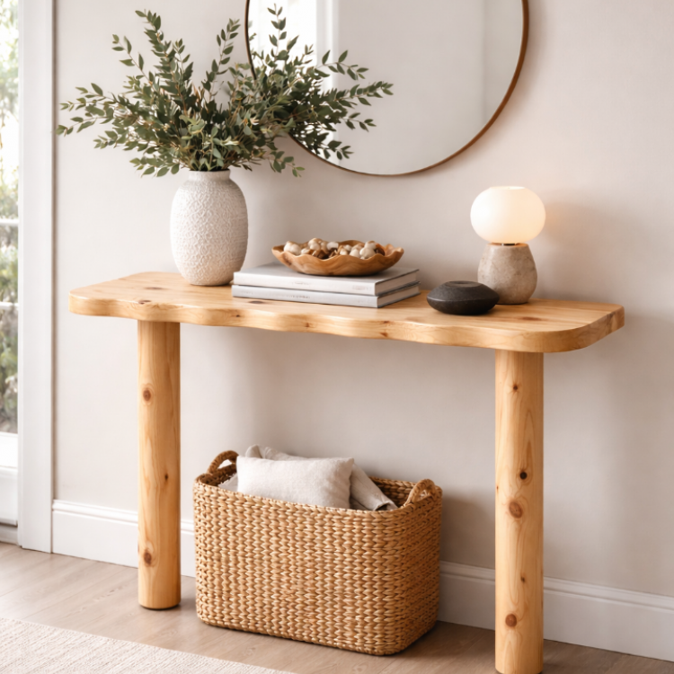 Doğal Masif Çam Dresuar 130 cm – El Yapımı, Hareli Budaklı Ahşap Konsol