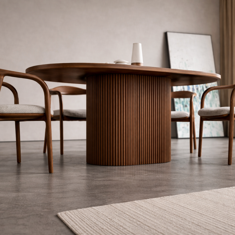 Masif Ahşap Oval Yemek Masası – Flüt Ayaklı Modern Tasarım | Modern & Şık Tasarım