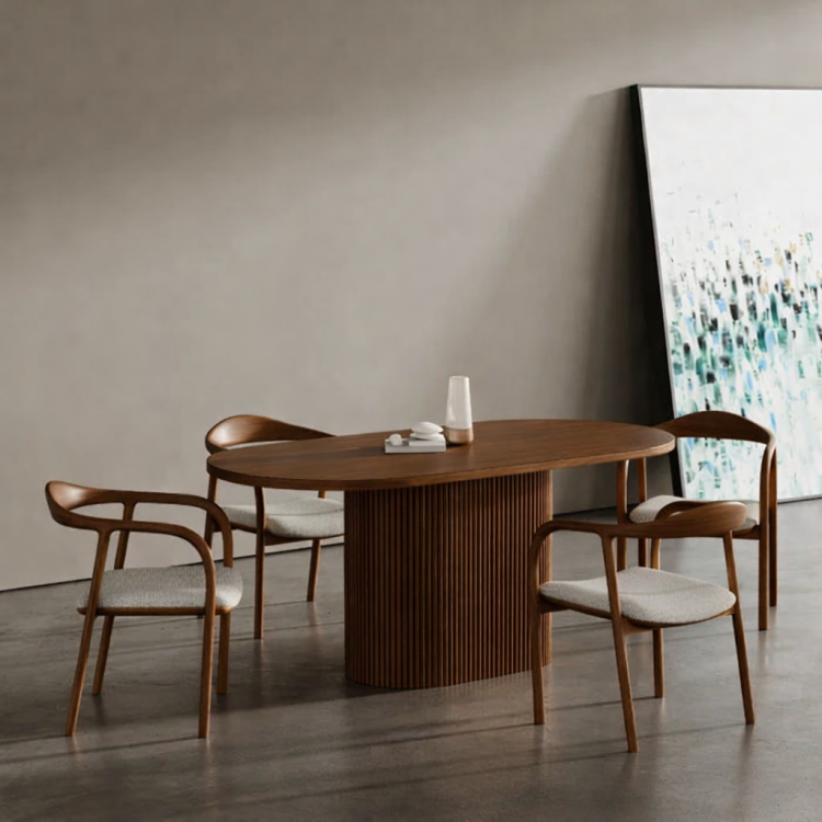 Masif Ahşap Oval Yemek Masası – Flüt Ayaklı Modern Tasarım | Modern & Şık Tasarım