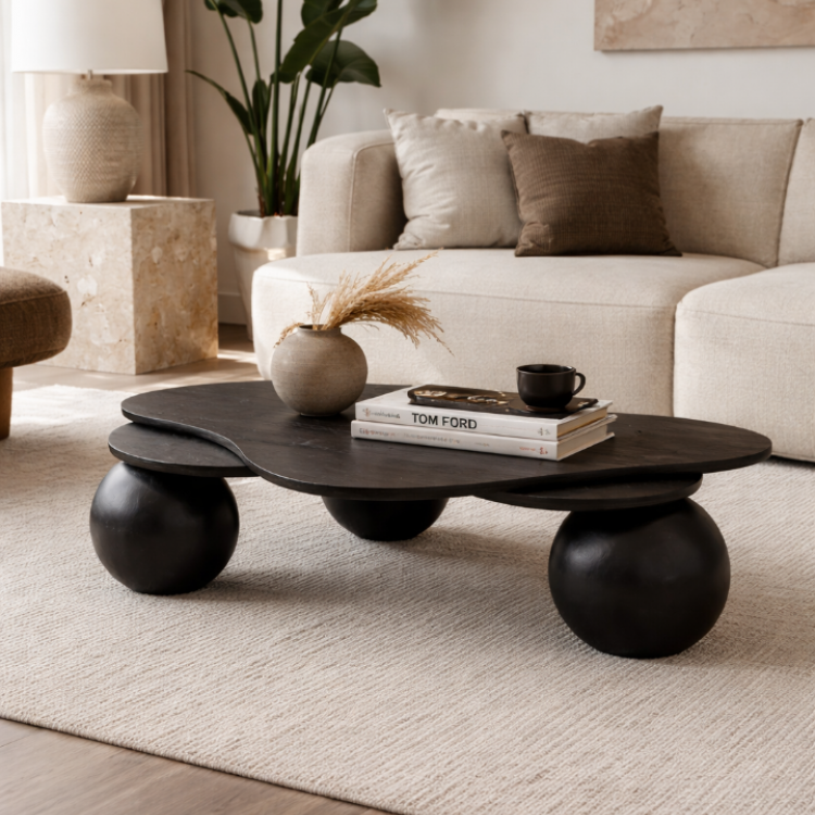 Masif Ahşap Siyah Orta Sehpa | Organik Formlu Top Ayaklı Modern Tasarım