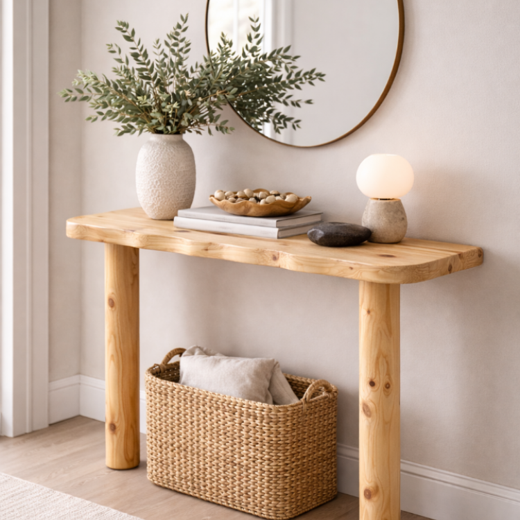 Doğal Masif Çam Dresuar 130 cm – El Yapımı, Hareli Budaklı Ahşap Konsol