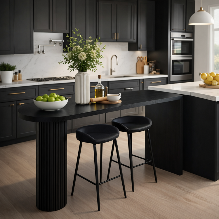 Modern Tasarım Siyah Masif Ahşap Bar Masası – Flütlü Ayaklı El Yapımı Mutfak Bar Masası