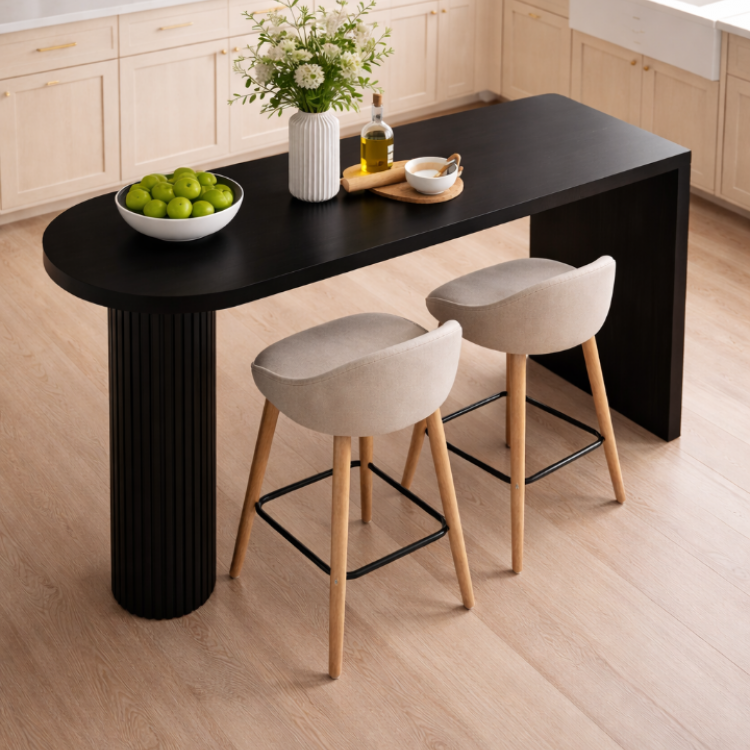 Modern Tasarım Siyah Masif Ahşap Bar Masası – Flütlü Ayaklı El Yapımı Mutfak Bar Masası