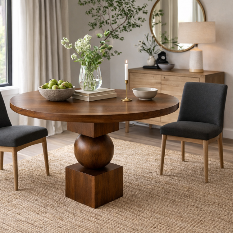 Masif Ahşap Yuvarlak Yemek Masası | Top Ayaklı Özgün Tasarım | Modern & El Yapımı 100cm