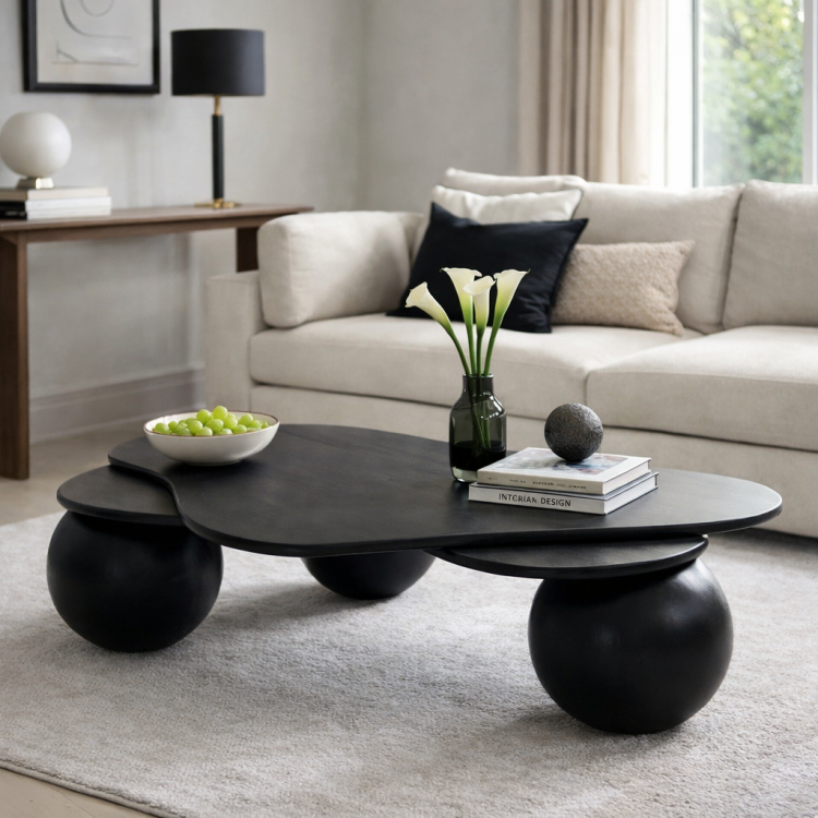 Masif Ahşap Siyah Orta Sehpa | Organik Formlu Top Ayaklı Modern Tasarım