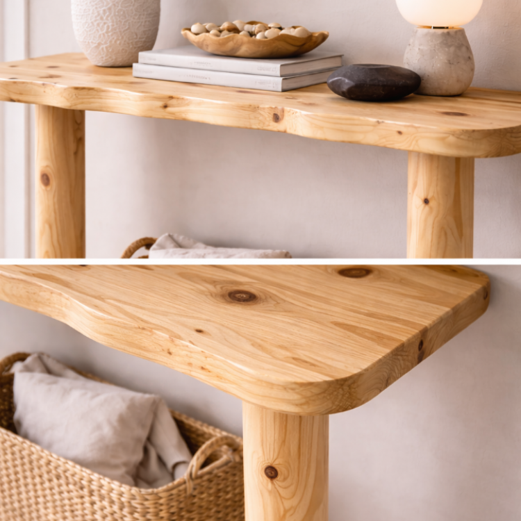 Doğal Masif Çam Dresuar 130 cm – El Yapımı, Hareli Budaklı Ahşap Konsol