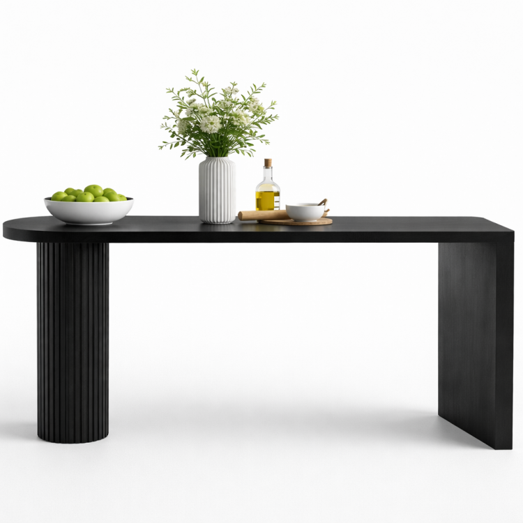 Modern Tasarım Siyah Masif Ahşap Bar Masası – Flütlü Ayaklı El Yapımı Mutfak Bar Masası