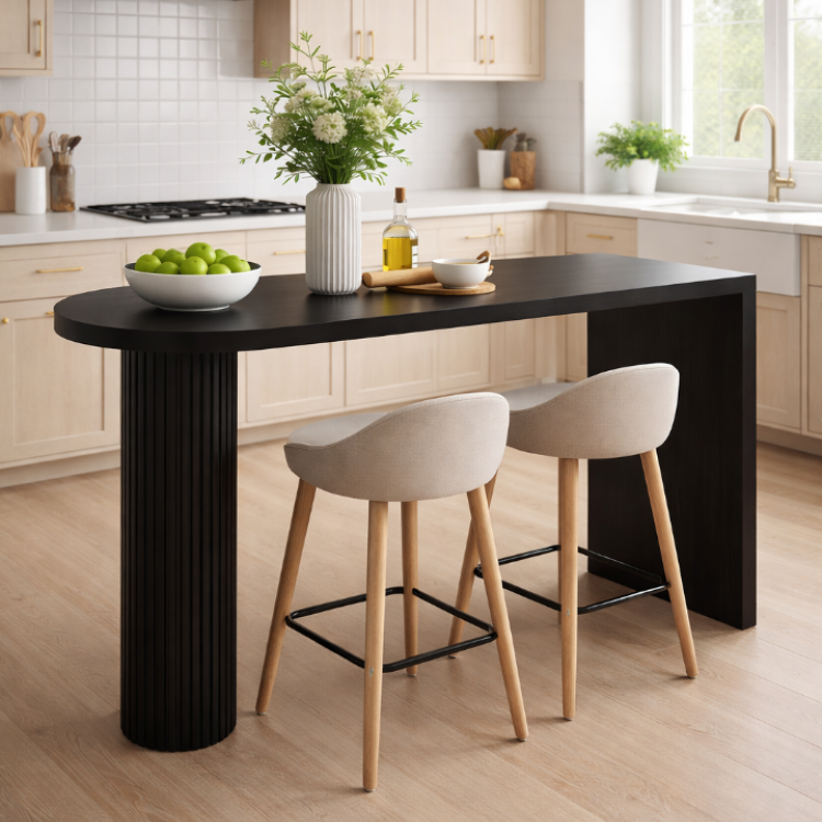 Modern Tasarım Siyah Masif Ahşap Bar Masası – Flütlü Ayaklı El Yapımı Mutfak Bar Masası