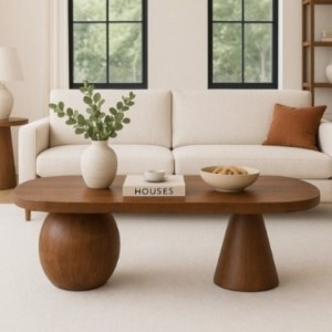 CEVİZ RENK Gürgen Ağacı Oval Orta Sehpa 120x60 cm – Noce Ceviz -2’li Mantar Sehpa Seti