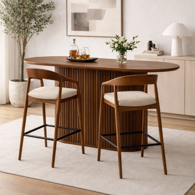 Masif Gürgen Ahşap Bar Seti – Flüt Gövdeli Oval Bar Masası ve 2’li Bar Sandalyesi Masif Gürgen Ahşap Bar Seti – Flüt Gövdeli Oval Bar Masası ve 2’li Bar Sandalyesi