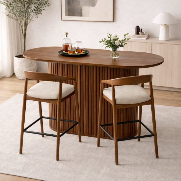 Masif Gürgen Ahşap Bar Seti – Flüt Gövdeli Oval Bar Masası ve 2’li Bar Sandalyesi Masif Gürgen Ahşap Bar Seti – Flüt Gövdeli Oval Bar Masası ve 2’li Bar Sandalyesi