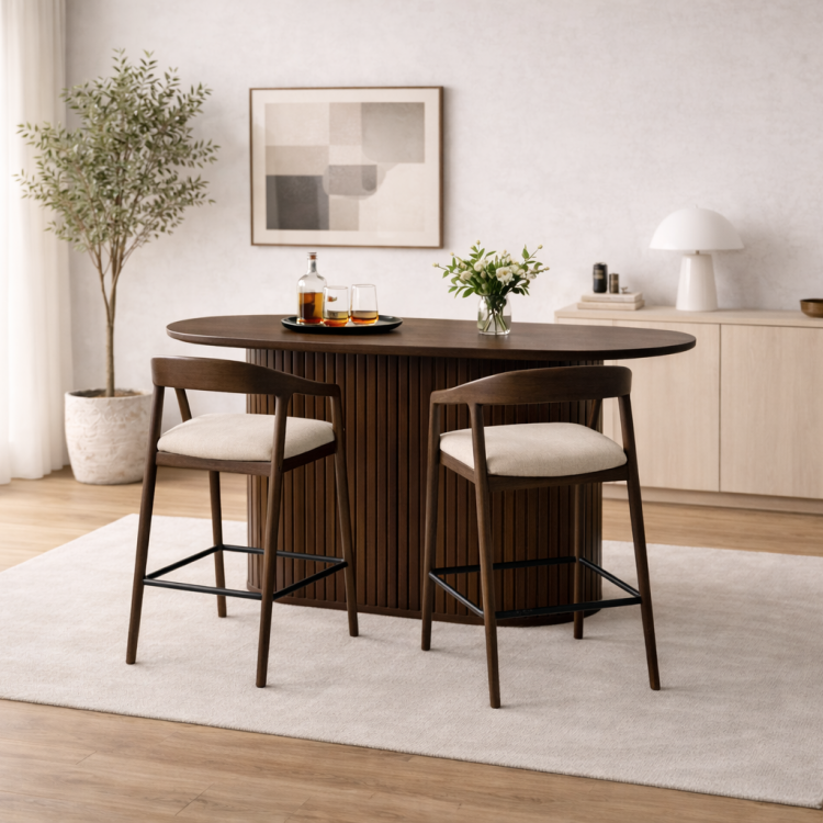 Masif Gürgen Ahşap Bar Seti – Flüt Gövdeli Oval Bar Masası ve 2’li Bar Sandalyesi Masif Gürgen Ahşap Bar Seti – Flüt Gövdeli Oval Bar Masası ve 2’li Bar Sandalyesi