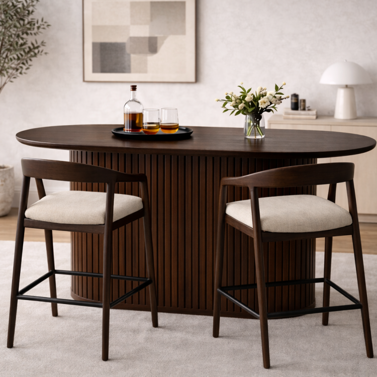 Masif Gürgen Ahşap Bar Seti – Flüt Gövdeli Oval Bar Masası ve 2’li Bar Sandalyesi Masif Gürgen Ahşap Bar Seti – Flüt Gövdeli Oval Bar Masası ve 2’li Bar Sandalyesi