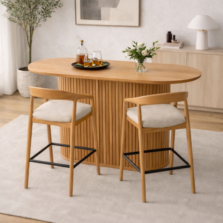 Masif Gürgen Ahşap Bar Seti – Flüt Gövdeli Oval Bar Masası ve 2’li Bar Sandalyesi Masif Gürgen Ahşap Bar Seti – Flüt Gövdeli Oval Bar Masası ve 2’li Bar Sandalyesi