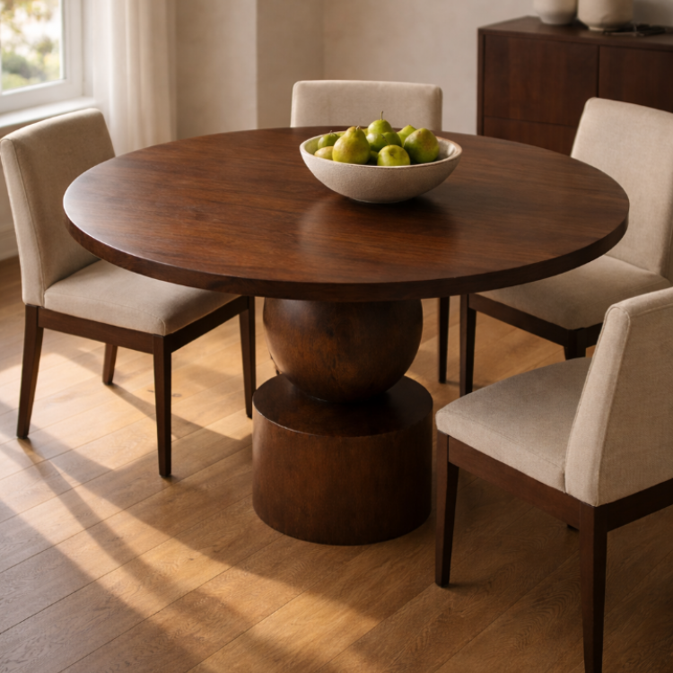 El Yapımı Tornalı Ayaklı Masif Yuvarlak Yemek Masası Modern Tasarım 100cm