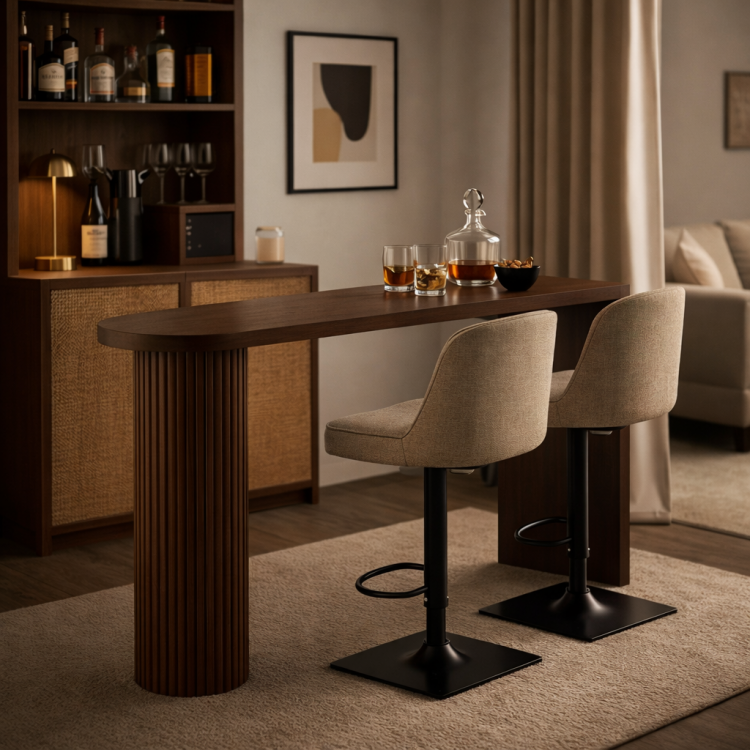 Masif Ahşap Koyu Ceviz Modern Bar Masası – Flüt Ayaklı, El Yapımı Tasarım