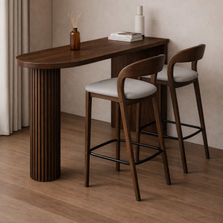 Masif Ahşap Koyu Ceviz Modern Bar Masası – Flüt Ayaklı, El Yapımı Tasarım