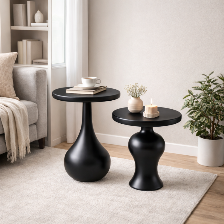 Masif Ihlamur Ağacı El Yapımı Modern Yan Sehpa – Dekoratif Tasarım Yuvarlak Yan Sehpa 2’li set