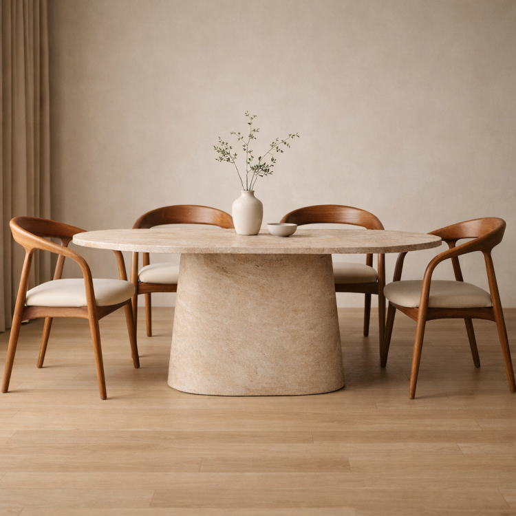 Masif Ahşap Traverten Kaplama Oval Yemek Masası – 180x90 cm Masif Ahşap Traverten Kaplama Oval Yemek Masası – 180x90 cm