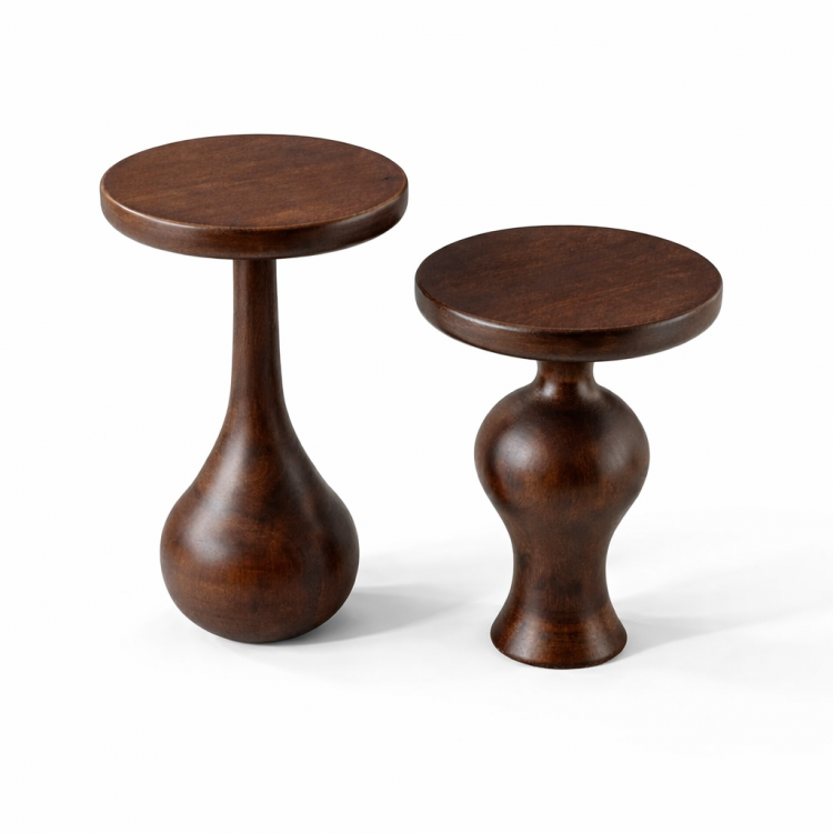 Masif Ihlamur Ağacı El Yapımı Modern Yan Sehpa – Dekoratif Tasarım Yuvarlak Yan Sehpa 2’li set