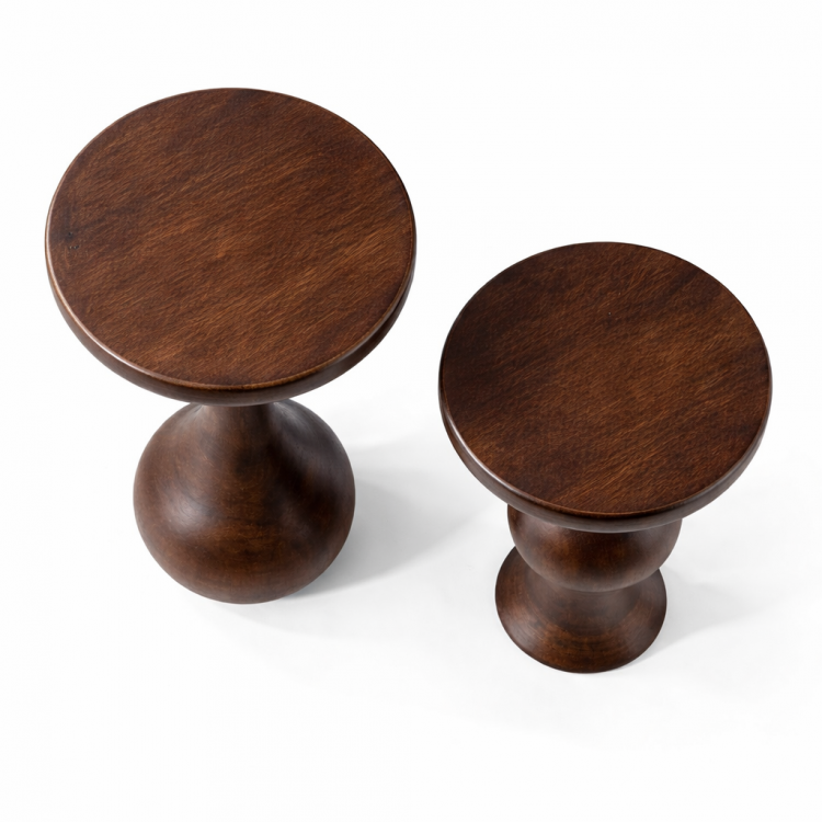 Masif Ihlamur Ağacı El Yapımı Modern Yan Sehpa – Dekoratif Tasarım Yuvarlak Yan Sehpa 2’li set