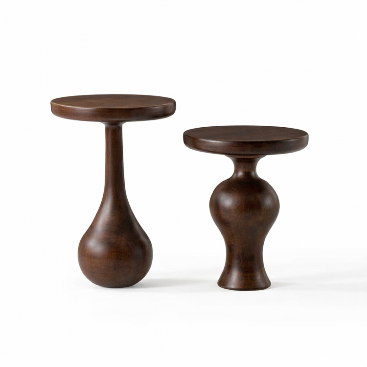 Masif Ihlamur Ağacı El Yapımı Modern Yan Sehpa – Dekoratif Tasarım Yuvarlak Yan Sehpa 2’li set