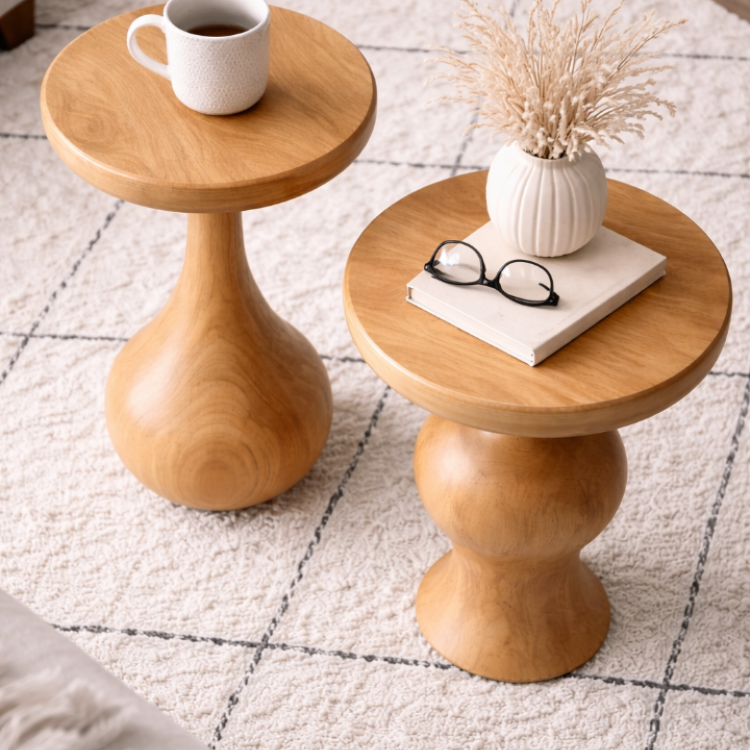 Masif Ihlamur Ağacı El Yapımı Modern Yan Sehpa – Dekoratif Tasarım Yuvarlak Yan Sehpa 2’li set