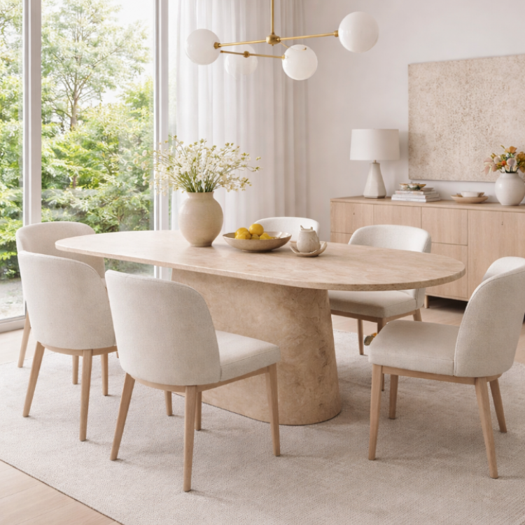 Masif Ahşap Traverten Kaplama Oval Yemek Masası – 180x90 cm Masif Ahşap Traverten Kaplama Oval Yemek Masası – 180x90 cm