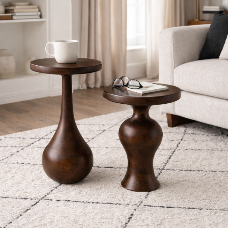 Masif Ihlamur Ağacı El Yapımı Modern Yan Sehpa – Dekoratif Tasarım Yuvarlak Yan Sehpa 2’li set