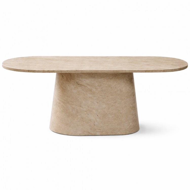 Masif Ahşap Traverten Kaplama Oval Yemek Masası – 180x90 cm Masif Ahşap Traverten Kaplama Oval Yemek Masası – 180x90 cm