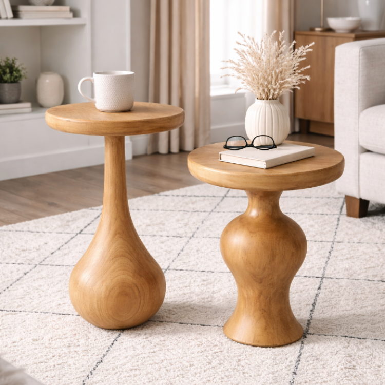 Masif Ihlamur Ağacı El Yapımı Modern Yan Sehpa – Dekoratif Tasarım Yuvarlak Yan Sehpa 2’li set