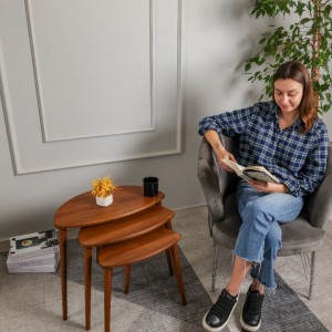 Doğal Ahşap Masif 3'lü Zigon Sehpa , Modern Asimetrik Iskandinav Sehpa Ceviz Sehpa