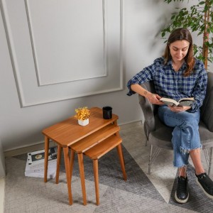 Meşe Masif Doğal Ahşap Zigon Sehpa 3'lü Set, Modern Masif Yan Sehpa Meşe Masif Doğal Ahşap Zigon Sehpa 3'lü Set, Modern Masif Yan Sehpa