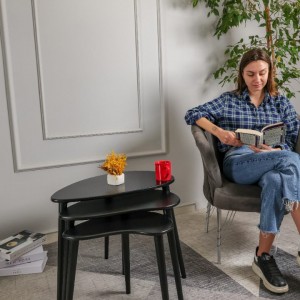 Siyah Doğal Ahşap Zigon Sehpa 3'lü Set, Modern Masif Yan Sehpa Yeni Nesil Dekor