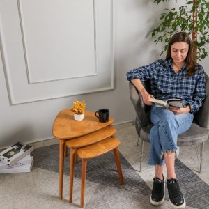 Masif Doğal Ahşap Zigon Sehpa 3'lü Set, Modern Masif Yan Sehpa Meşe