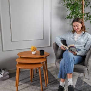 Meşe Masif Doğal Ahşap Zigon Sehpa 3'lü Set, Modern Masif Yan Sehpa