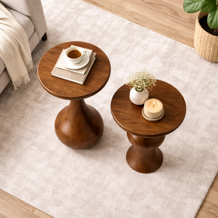 Masif Ihlamur Ağacı El Yapımı Modern Yan Sehpa – Dekoratif Tasarım Yuvarlak Yan Sehpa 2’li set