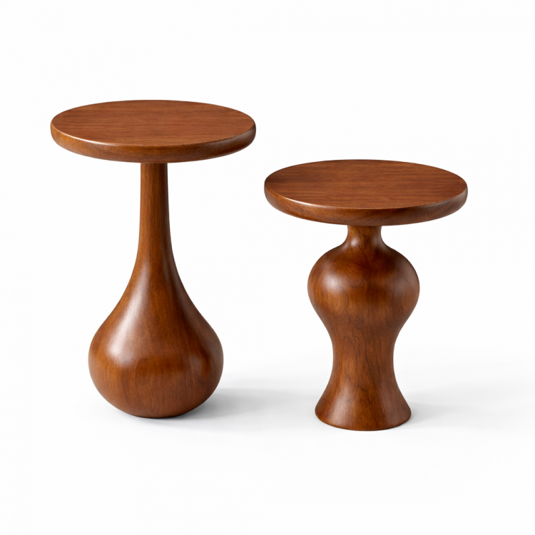 Masif Ihlamur Ağacı El Yapımı Modern Yan Sehpa – Dekoratif Tasarım Yuvarlak Yan Sehpa 2’li set