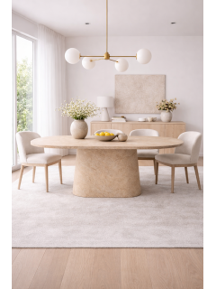 Masif Ahşap Traverten Kaplama Oval Yemek Masası – 180x90 cm