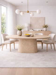 Masif Ahşap Traverten Kaplama Oval Yemek Masası – 180x90 cm Masif Ahşap Traverten Kaplama Oval Yemek Masası – 180x90 cm