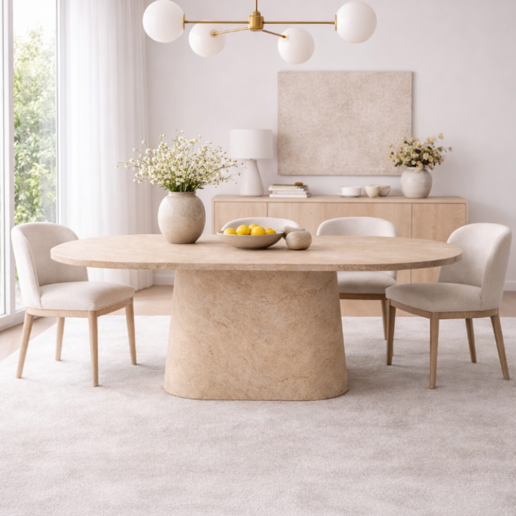 Masif Ahşap Traverten Kaplama Oval Yemek Masası – 180x90 cm Masif Ahşap Traverten Kaplama Oval Yemek Masası – 180x90 cm