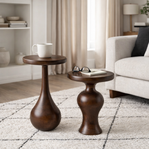 Masif Ihlamur Ağacı El Yapımı Modern Yan Sehpa – Dekoratif Tasarım Yuvarlak Yan Sehpa 2’li set